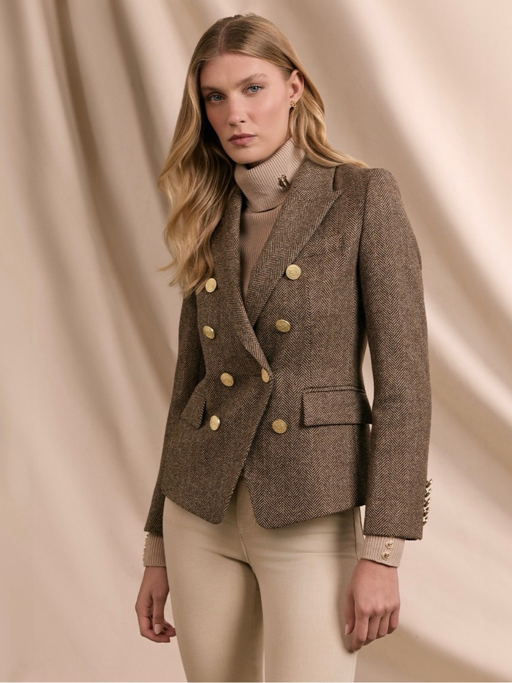 Love Token Double-Breasted Brown Herringbone Blazer with Gold Buttons